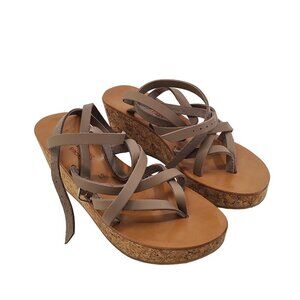 K. Jacques Women's Platform Open Toe Thong Leather Wedge Sandals Brown Size 11